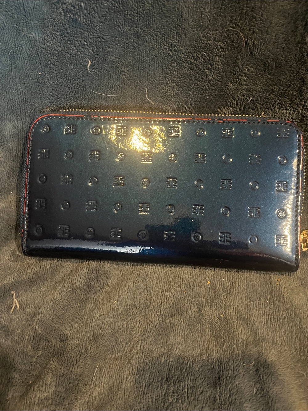 Arcadia Navy Patent Zip-Around Wallet with Subtle Red Stitching